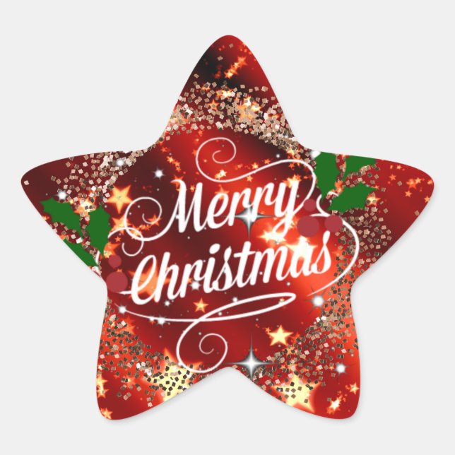 Merry Christmas, Sparkling Red and Gold Design  Star Sticker (Front)