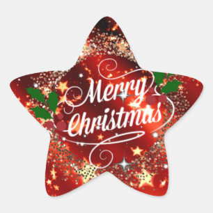 Merry Christmas, Sparkling Red and Gold Design Star Sticker