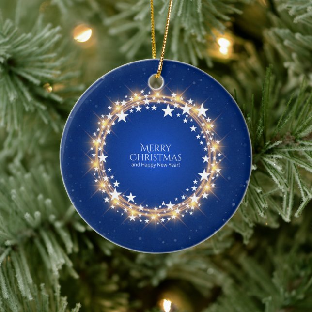 Merry Christmas Sparkling Stars Wreath Blue Ceramic Ornament (Tree)