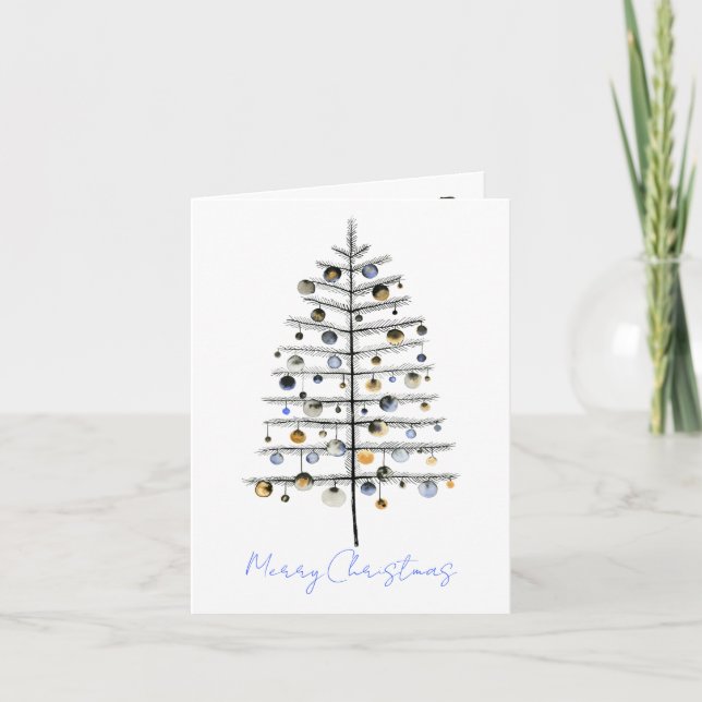 Merry Christmas Sparse Spruce Tree With Ornaments Holiday Card (Front)