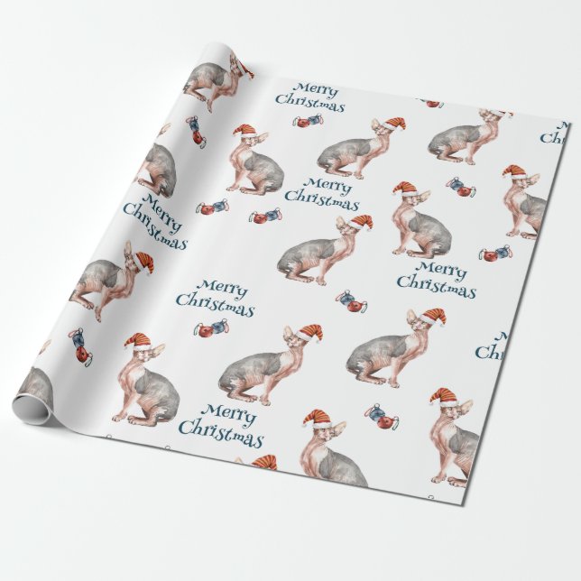 Merry Christmas Sphynx Hairless Cat Santa Hat Wrapping Paper (Unrolled)