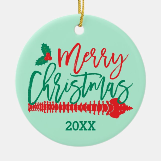 Merry Christmas Spine Holly Chiropractic Ceramic O Ornament (Front)