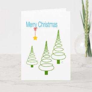 Merry Christmas, Spiral Trees, Star and Ribbon Holiday Card