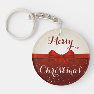 Merry Christmas Split Snow and Red Ribbon Key Ring