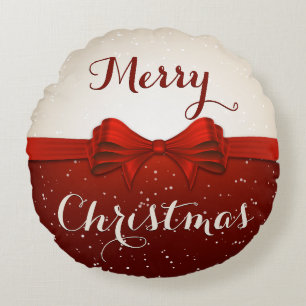 Merry Christmas Split Snow and Red Ribbon Round Cushion