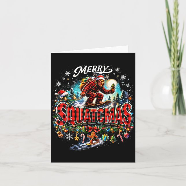 Merry Christmas Squatchmas Funny Bigfoot Snowboard Card (Front)