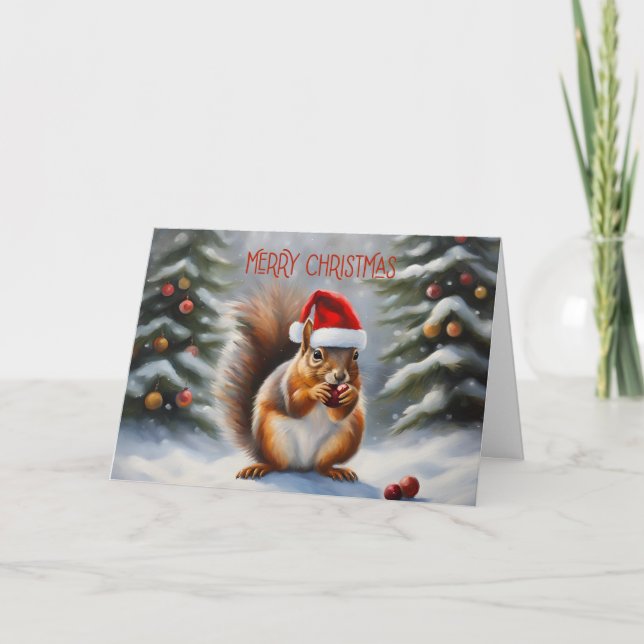 Merry Christmas Squirrel and Winter Forest Holiday Card (Front)