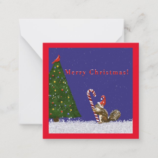 Merry Christmas! Squirrel, cardinal, tree, holiday Card (Front)