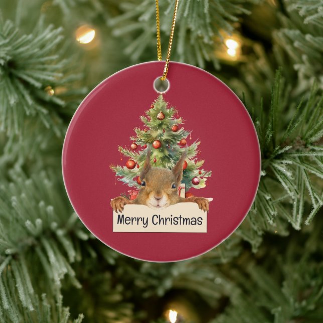 Merry Christmas Squirrel Christmas Tree Editable  Ceramic Ornament (Tree)