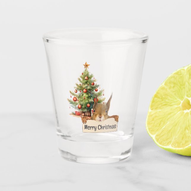 Merry Christmas Squirrel Christmas Tree Editable  Shot Glass (Front)