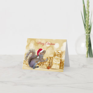 Merry Christmas Squirrel in Santa Hat & Gifts  Card