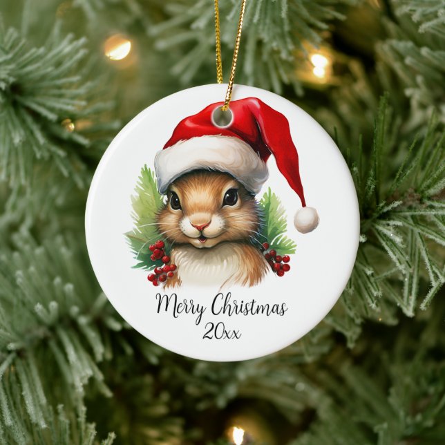 Merry Christmas Squirrel in Santa Hat Holly Custom Ceramic Ornament (Tree)