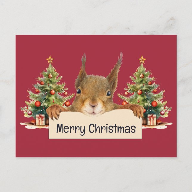 Merry Christmas Squirrel Two Christmas Trees Holiday Postcard (Front)