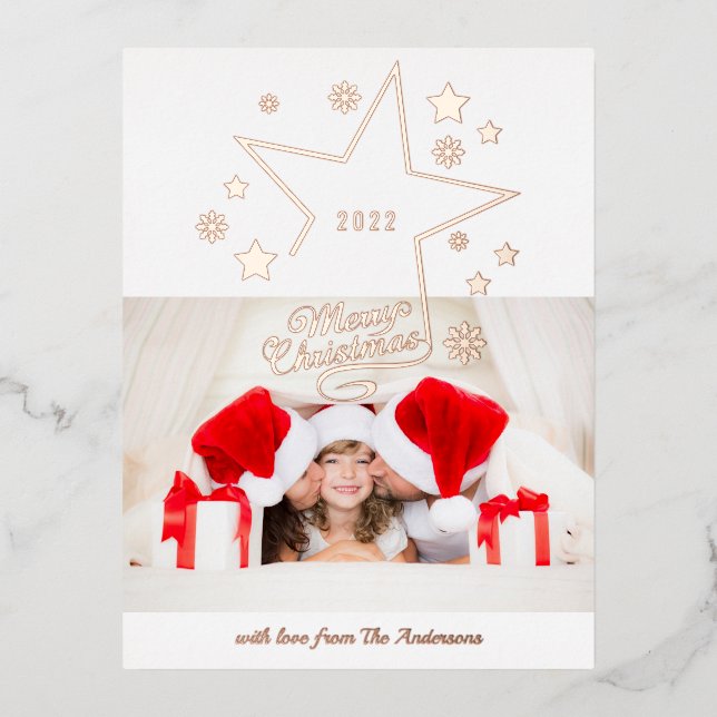 Merry Christmas Star 1 Photo Modern Winter Foil Holiday Postcard (Front)