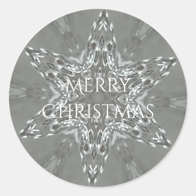 Merry Christmas Star Antique Silver Grey Classic Round Sticker (Front)