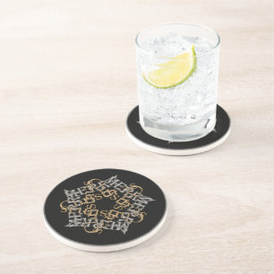 Merry Christmas Star Calligraphy Gold Silver Black Coaster