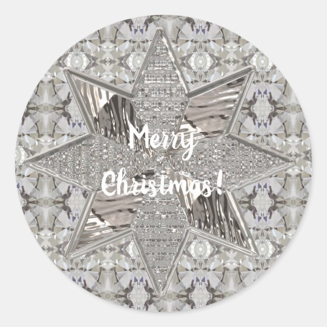 Merry Christmas Star Elegant Faux Silver Foil Classic Round Sticker (Front)