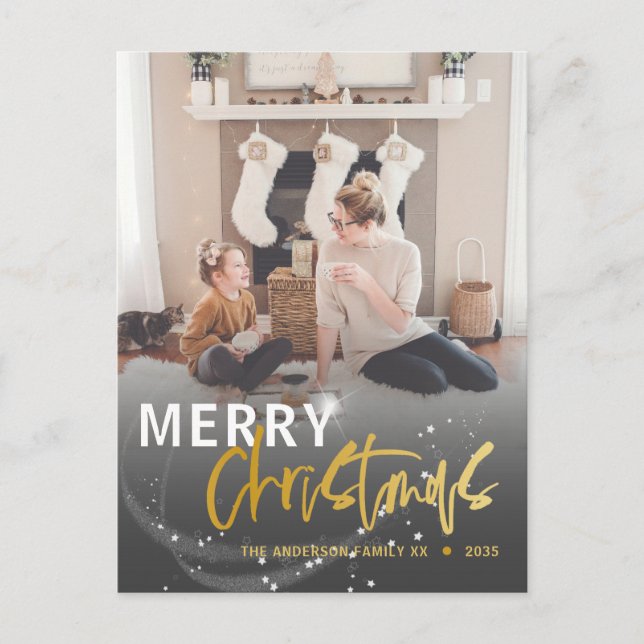 Merry Christmas Star Faux Gold Script Christmas Postcard (Front)