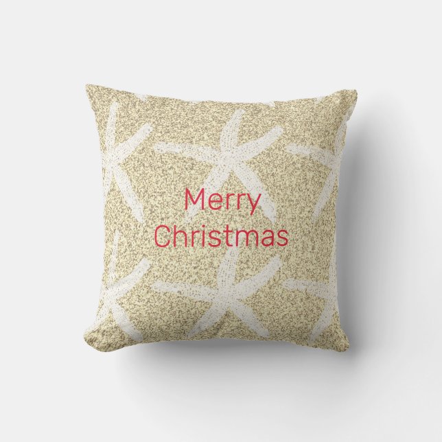 Merry Christmas Starfish Gold Red White Glittery Cushion (Front)