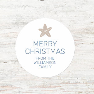 Merry Christmas Starfish Minimal Family White Classic Round Sticker