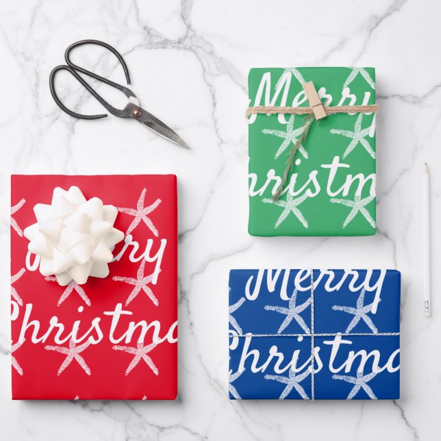 Merry Christmas Starfish Nautical Custom Red Green Wrapping Paper Sheet (Front)
