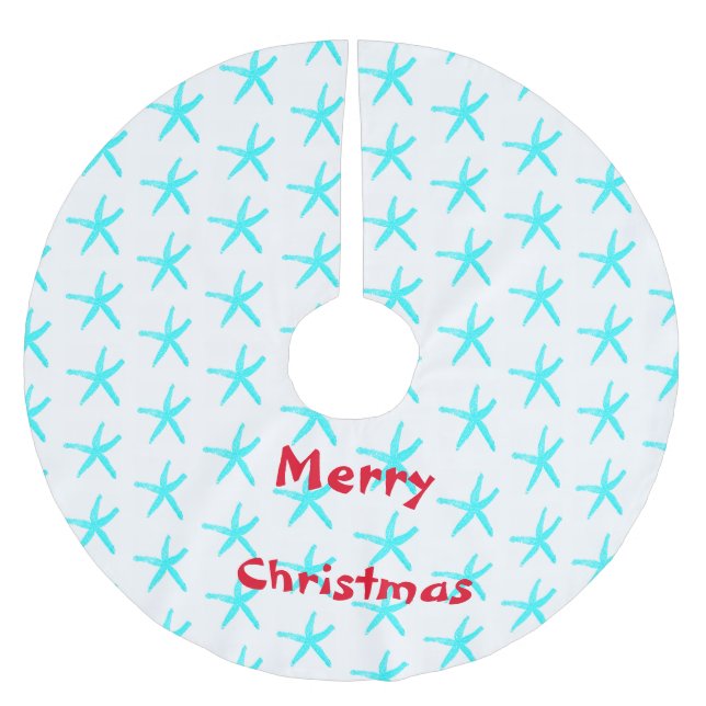Merry Christmas Starfish Patterns Teal White Beach Brushed Polyester Tree Skirt (Front)