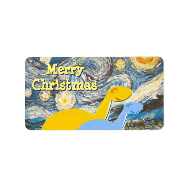 Merry Christmas Starry Night Dinos Label Stickers (Front)