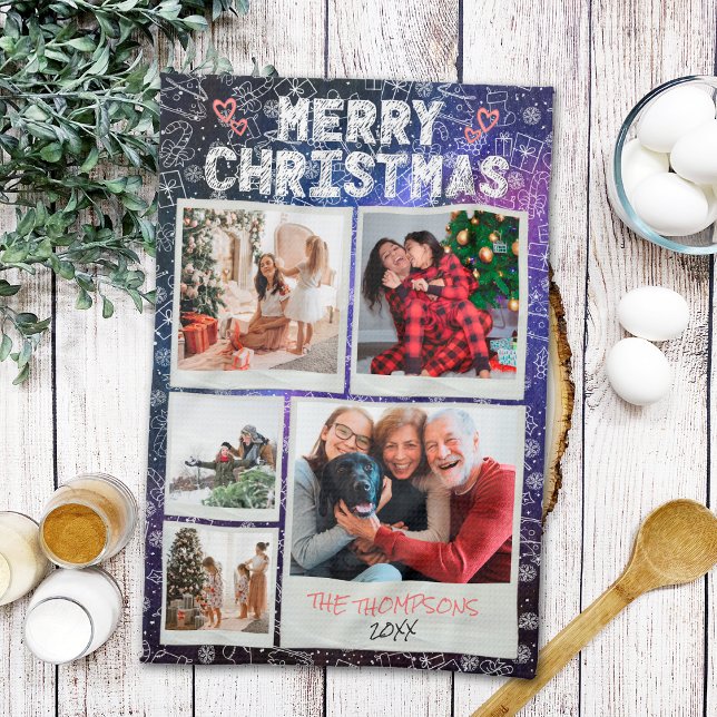 Merry Christmas Starry Night Doodle 5 Photo Family Tea Towel (Creator Uploaded)