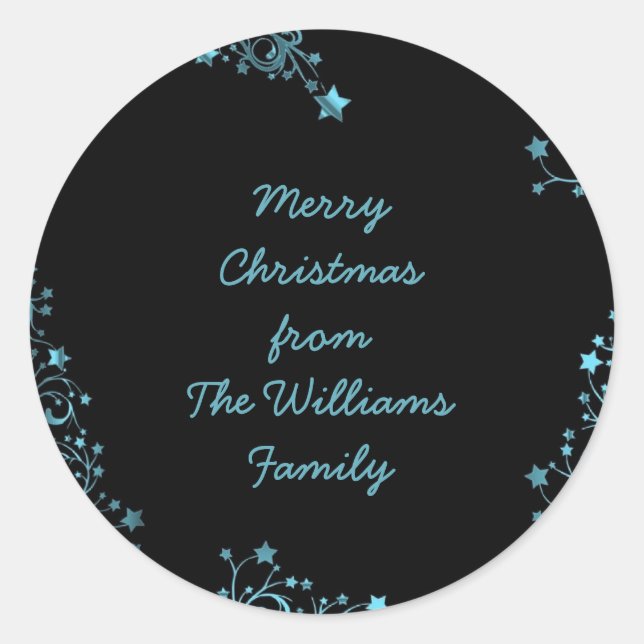 Merry Christmas Stars Black Blue Shiny Chic Name Classic Round Sticker (Front)