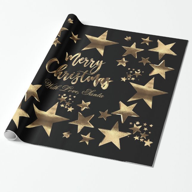 Merry Christmas Stars Black Gold Elegant Script Wrapping Paper (Unrolled)