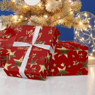 Merry Christmas Stars Faux Gold Elegant Script Red Wrapping Paper