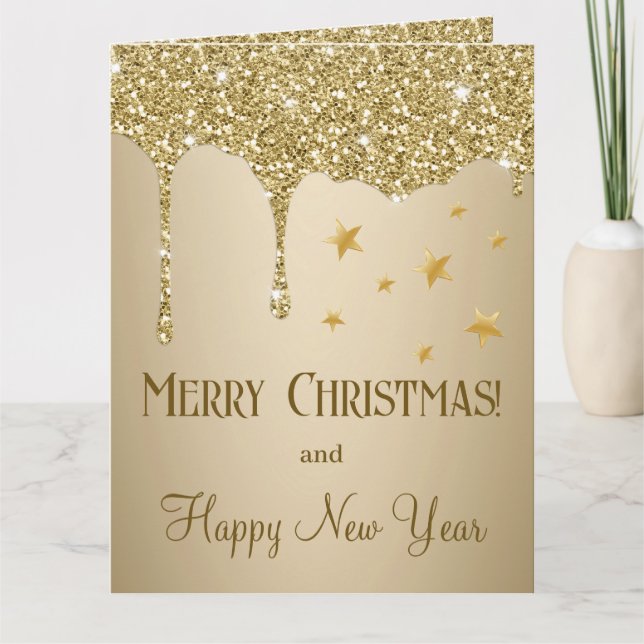 Merry Christmas Stars Melting Gold Glitter Card (Front)