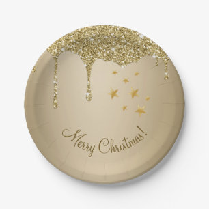 Merry Christmas Stars Melting Gold Glitter Paper Plate