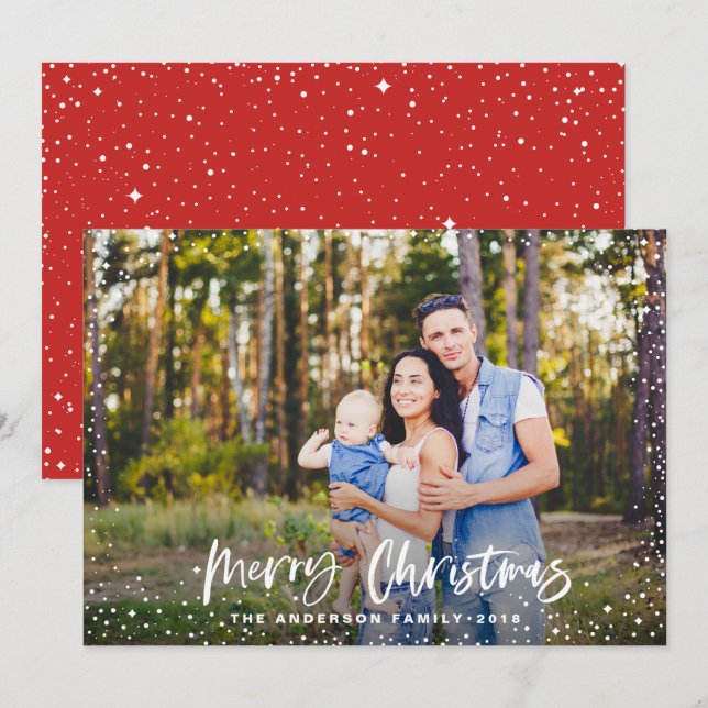 Merry Christmas stars photo red modern script Holiday Card (Front/Back)