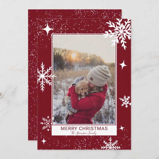 Merry Christmas stars snow red photo Holiday Card (Front/Back)