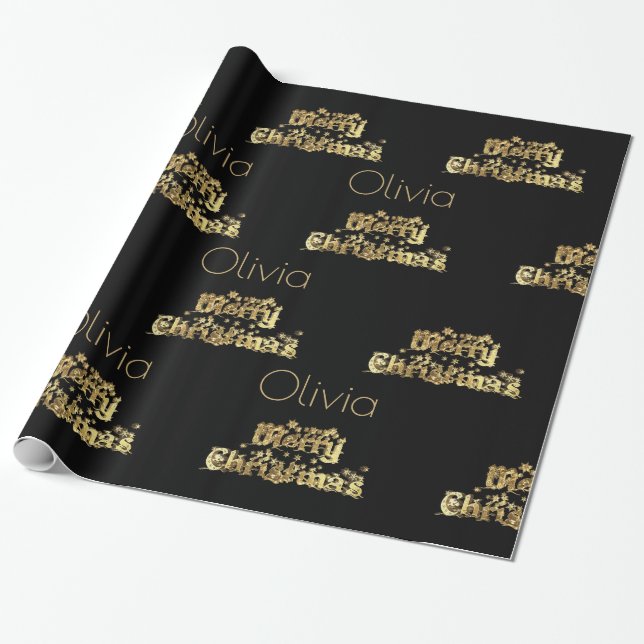 Merry Christmas Stars Typography Black Gold Chic Wrapping Paper (Unrolled)