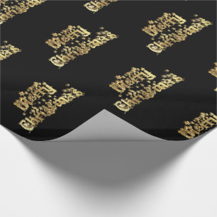 Merry Christmas Stars Typography Black Gold Chic Wrapping Paper