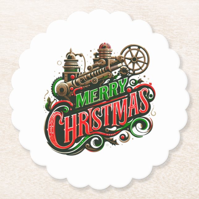Merry Christmas steampunk Paper Coaster (Front)