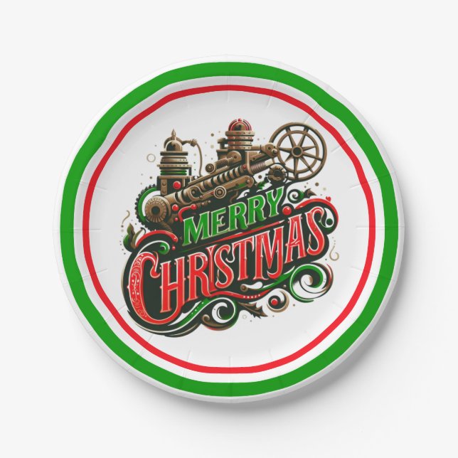 Merry Christmas steampunk Paper Plate (Front)