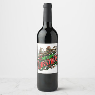 Merry Christmas steampunk Wine Label