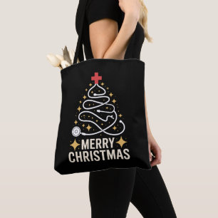 Merry Christmas Stethoscope Tree Nurse Doctor Xmas Tote Bag