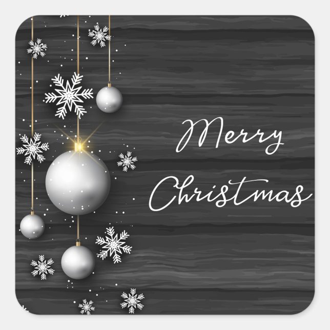Merry Christmas Sticker (A square Christmas sticker features a dark gray wood-grain background with horizontal lines.)