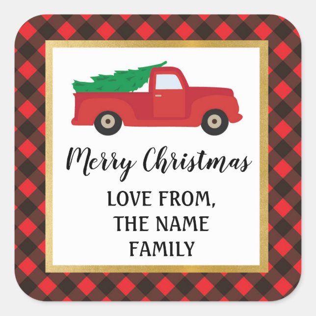 Merry Christmas Sticker Labels Red Plaid Truck (Front)