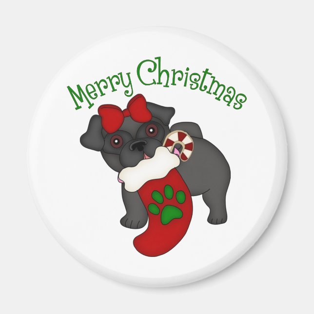 Merry Christmas Stocking Black Pug Magnet (Front)