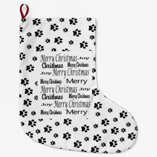 Merry Christmas Stocking, Cat Dog Prints Black Large Christmas Stocking