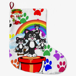Merry Christmas Stocking, Elf Cat Paws Rainbow Large Christmas Stocking