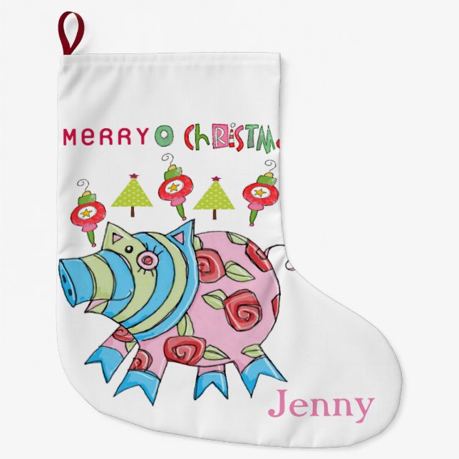 Merry Christmas Stocking, Pink Pig  Large Christmas Stocking (Front)