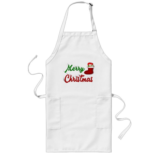 Merry Christmas Stocking red green script Long Apron (Front)