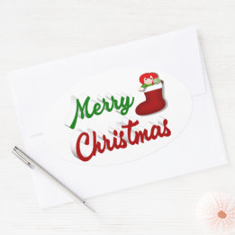 Merry Christmas Stocking red green script Oval Sticker