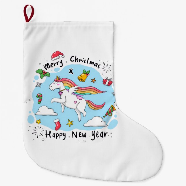 Merry Christmas Stocking, Unicorn Large Christmas Stocking (Front)